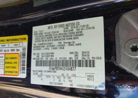 2018 Ford Mustang Ecoboost z USA, uszkodzony, nr VIN 1FA6P8TH4J5104877